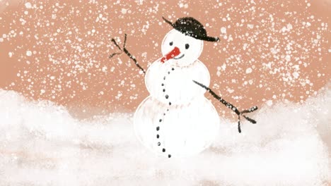 Happy-snowman-disappears-under-falling-snow,-drawing,-time-lapse