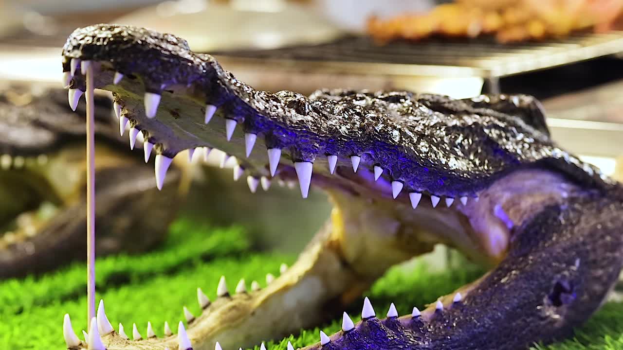 Close-up of a crocodile head with open jaws displayed on green artificial grass.
