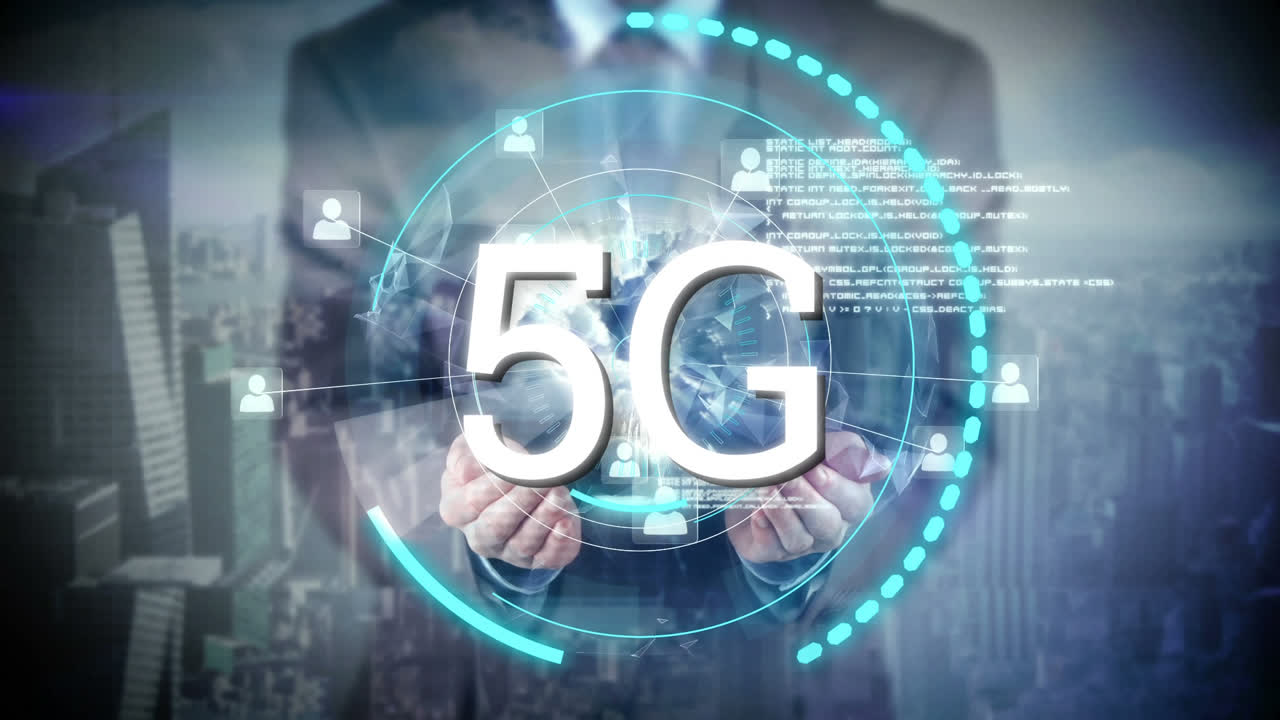 5g visualizzato in un cerchio con un uomo d'affari sullo sfondo