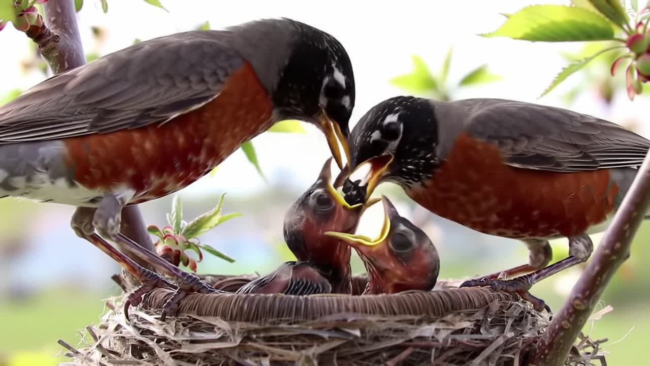 Nurturing Parent Birds Feed Their Chicks in a Cozy Nest, Capturing the Cycle of Life and the Bond Between Parent and Offspring in Nature's Embrace