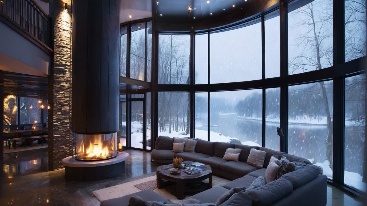 A Cozy Winter Retreat: Tranquil Living Room with a Fireplace Overlooking a Snowy River Scene, Featuring Large Windows and Modern Furnishings for Ultimate Comfort and Serenity