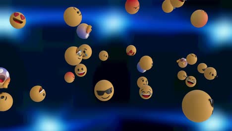 Animation-Von-Social-Media-Emoji-Symbolen,-Die-über-Blauen-Hintergrund-Fliegen