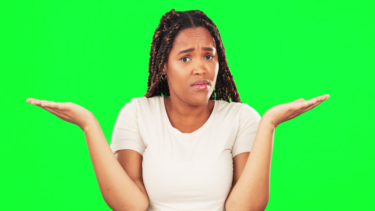 Face, confused woman and shrug on green screen
