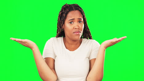 Face,-confused-woman-and-shrug-on-green-screen