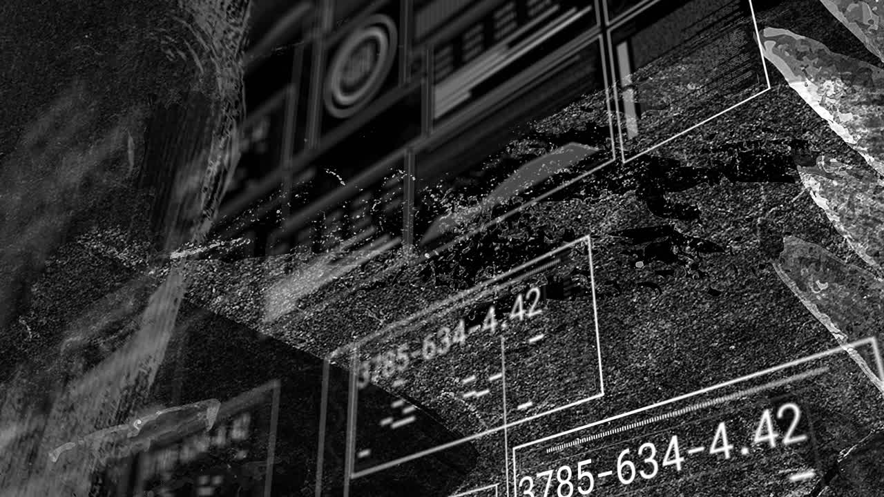 Faint lines starting overlaid data panels sliding, rotating, showing numbers building HUD collage