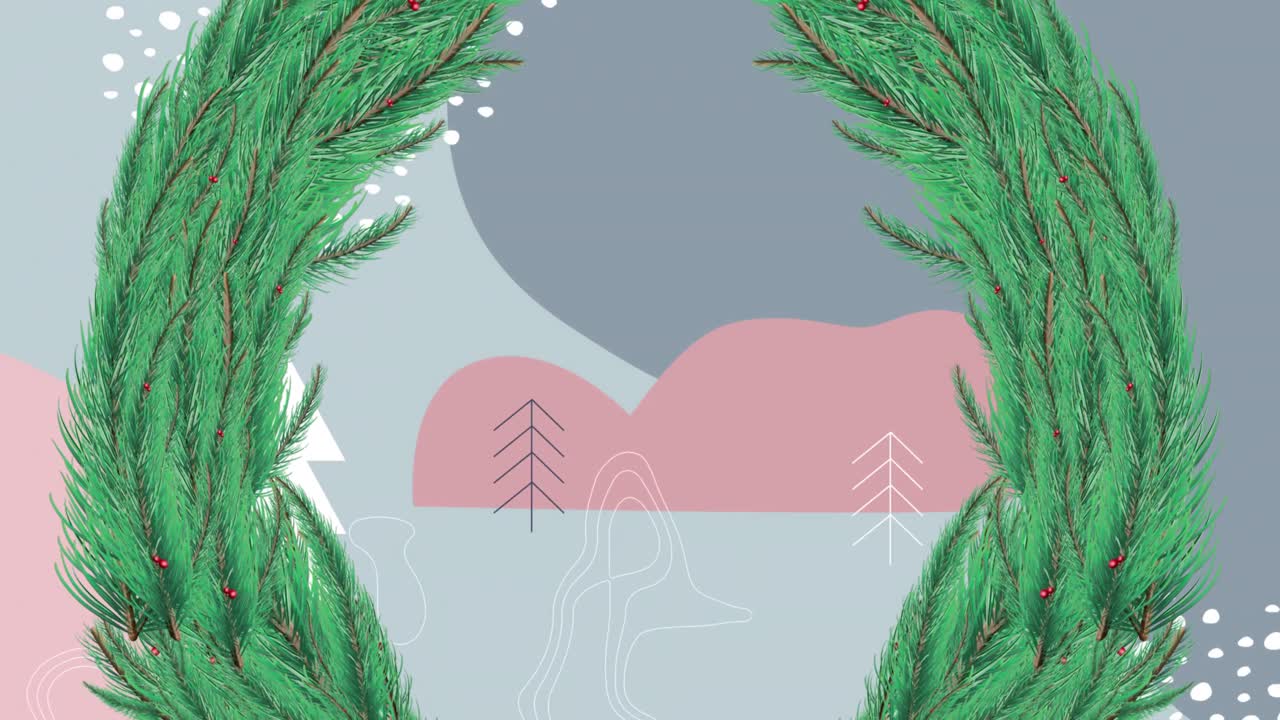 겨울 풍경 위에 크리스마스 소나무 꽃봉오리 장식의 애니메이션