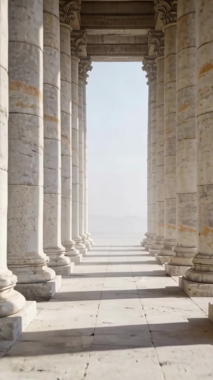 Video verticale: Telecamera che avanza lungo un colonnato di marmo, rivelando un cielo lontano e fosco.