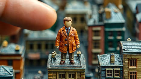 miniature figure stands atop building in a detailed urban model