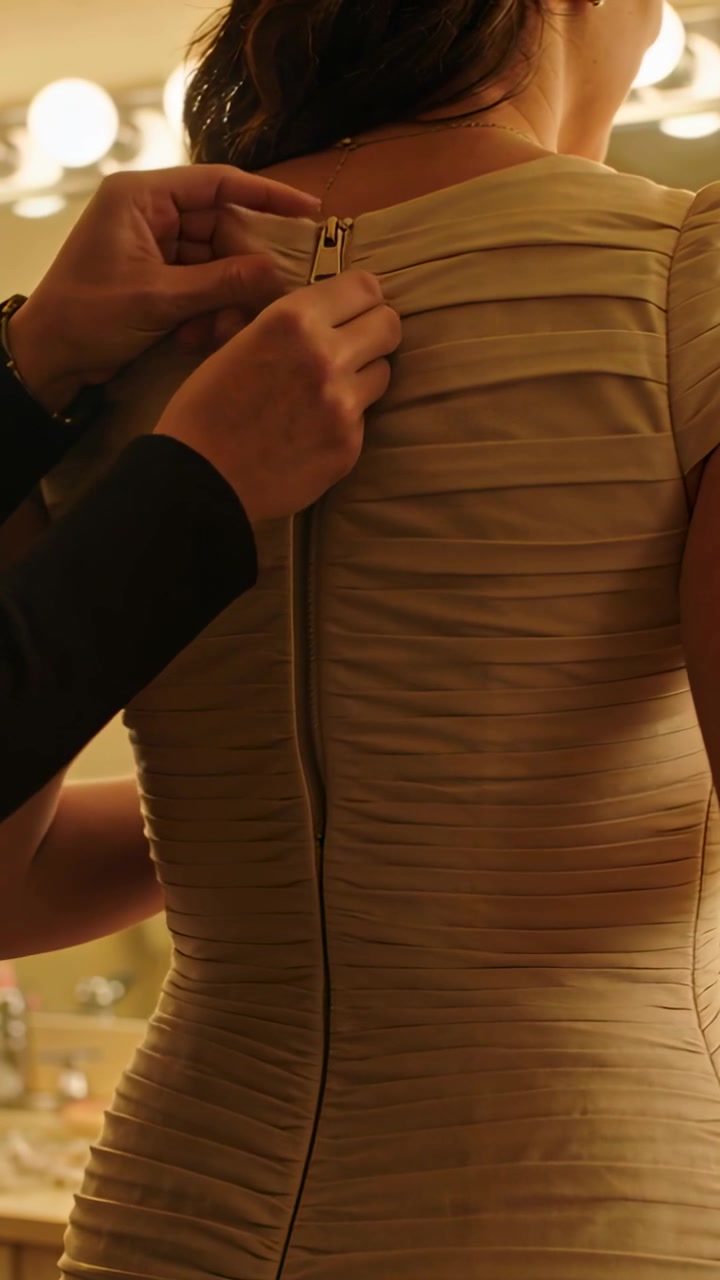Vídeo vertical: Mãos auxiliadoras puxando o zíper nas costas de uma mulher em frente ao espelho, ajustando o vestido bege