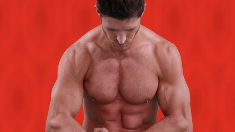 flexing muscular man over red animation background, showing strength and power