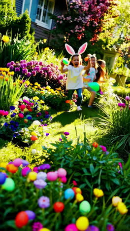 joyful children on an easter egg hunt