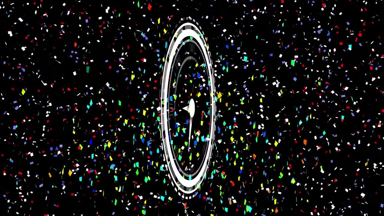 Animation of clock moving and confetti on black background