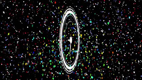 Animation-of-clock-moving-and-confetti-on-black-background