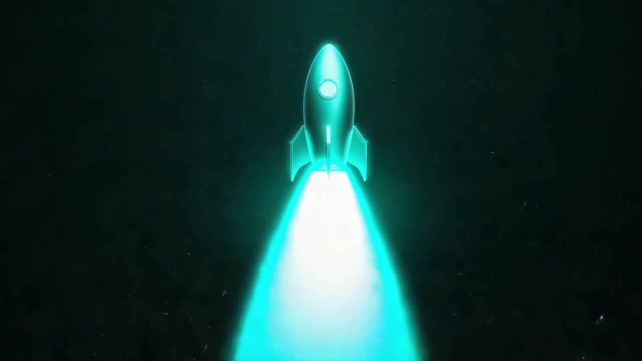 Futuristic rocket ship blasting off from the ground and flying into deep space with glowing engines, symbolizing a new business project startup, innovation, exploration and financial success