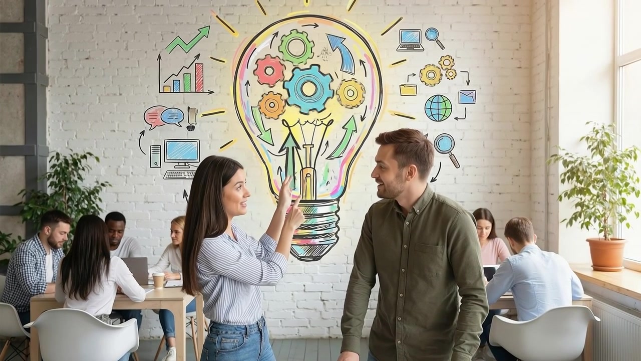 Team eterogeneo di professionisti che collabora in un ufficio moderno con un grande murale creativo a forma di lampadina sulla parete.