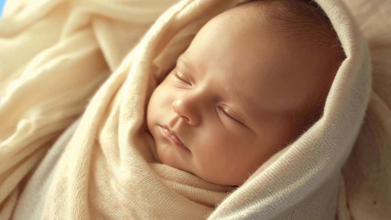 Spostamento della visuale della fotocamera sul profilo destro, neonato che dorme su un panno drappeggiato color crema