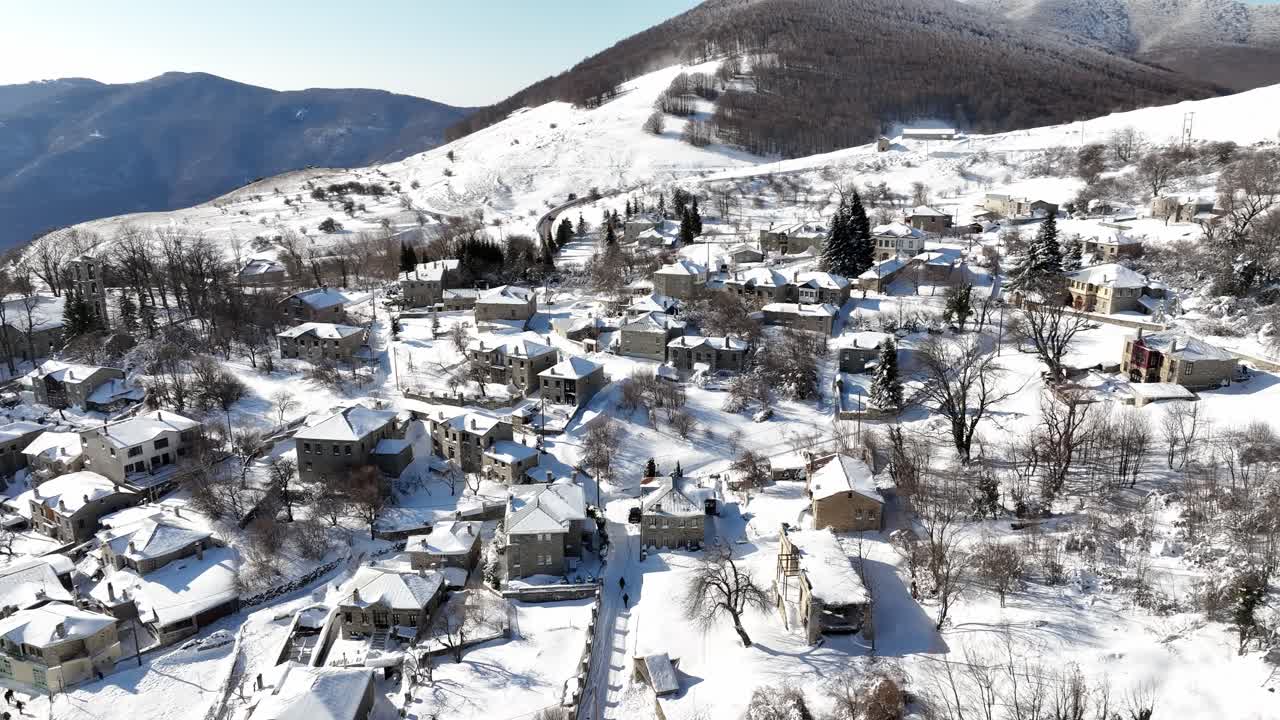 Aerial view of protected traditional settlement, breathtaking cinematic view of Nymfaio