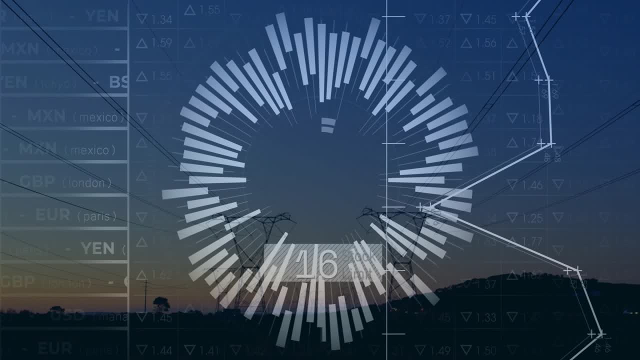 Upon label appearing radial chart rotating pulsing line graph shifting dusk, monitoring energy data