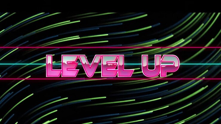 Animazione del testo "level up" su scie verdi su sfondo nero.