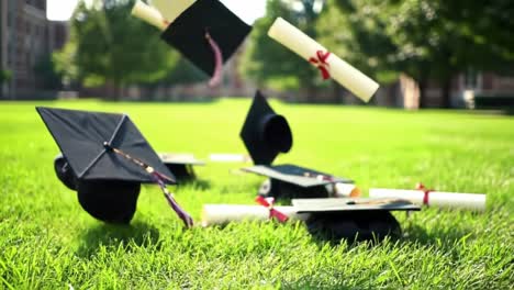 students toss their caps into the air after a graduation ceremony, celebrating their accomplishments on a sunny day in a lush green field. the excitement and joy are palpable among the graduates.