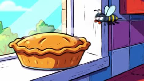 a playful animated scene featuring a bee approaching a deliciously baked pie sitting on a windowsill, highlighting its golden crust and inviting appearance.