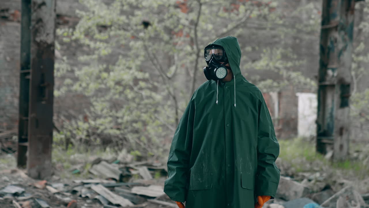 Man in a special suit in destroyed place. Human in chemical protective suit in ruined place. Post-apocalyptic world concept. Real background of abandoned place.