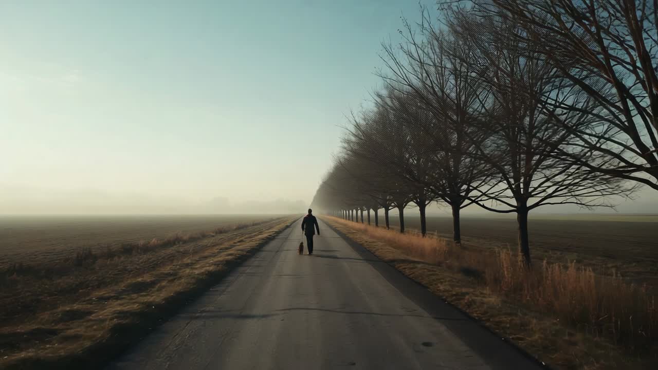 Walking man wearing dark coat carrying bag with dog down paved country road toward misty horizon