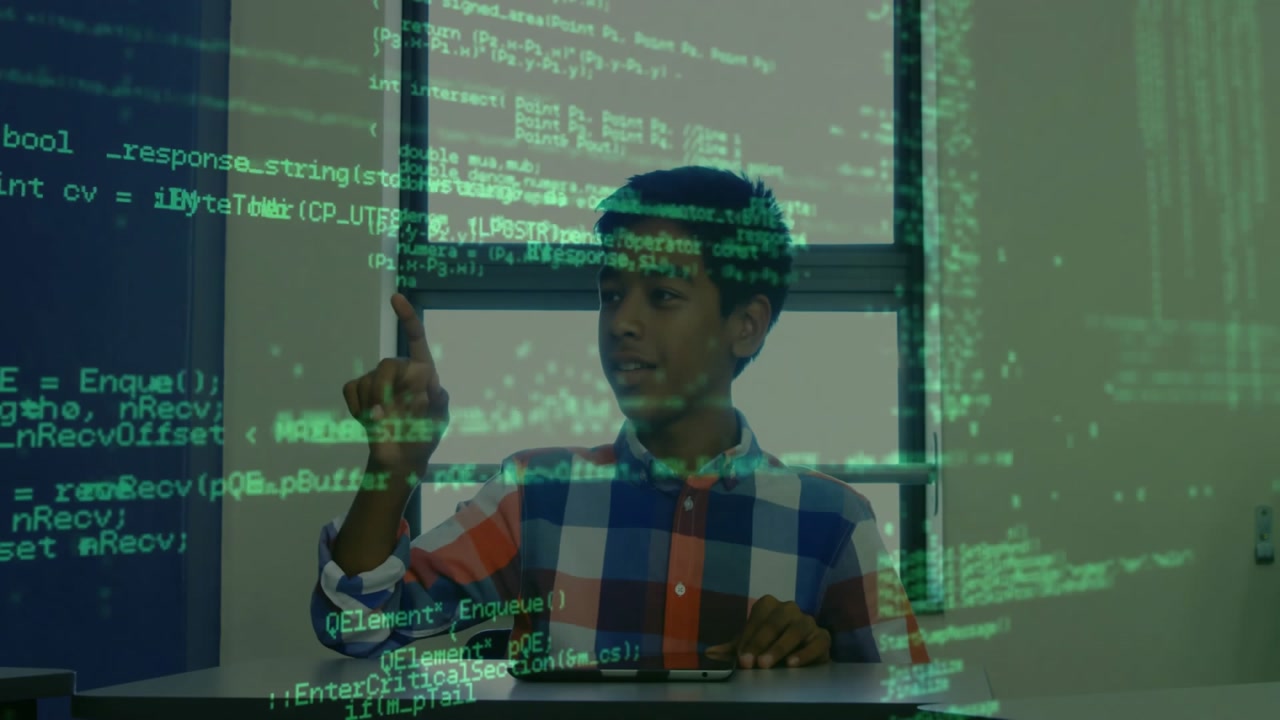 Teenage boy noticing code overlay pinching swiping pointing and exploring code loops in technology
