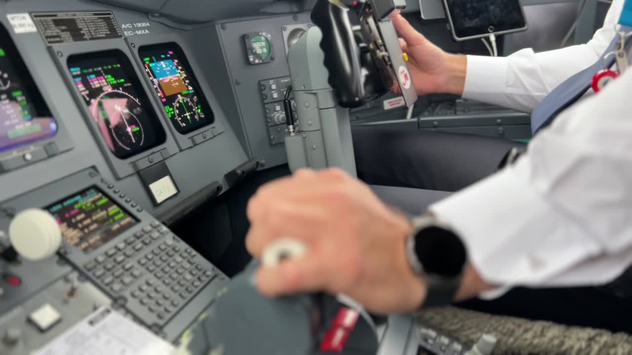 вид из кабины пилота, летящего с органами управления полетом и приборами во время дневного захода на посадку