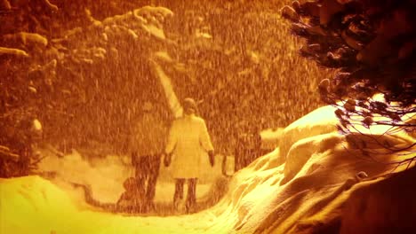 una familia camina por la nieve tirando de un niño en un trineo