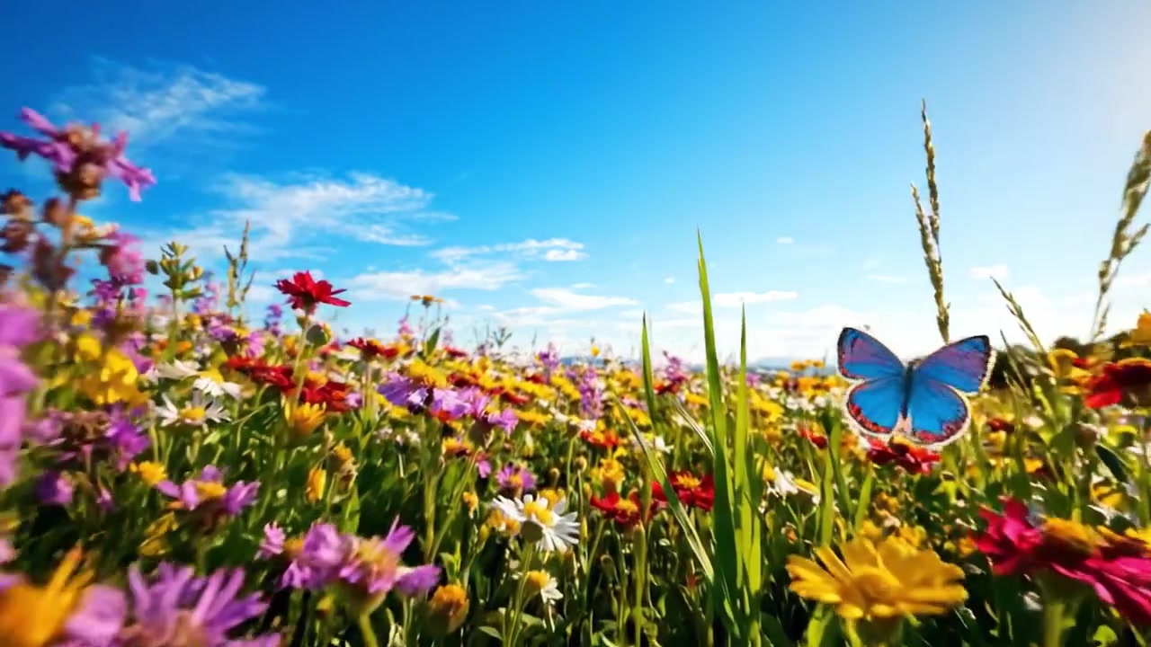 Un Prato Vibrante in Piena Fioritura: Vivi la Festa Visiva di Fiori Selvatici Colorati Sotto un Cielo Brillante e la Dolce Danza della Bellezza della Natura