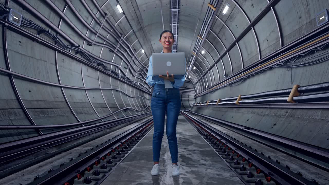 Full Body Of Asian Female With Her Laptop In Underground Subway Tunnel, She Observes By Looking Around Before She Come To Concentrating With Her Laptop