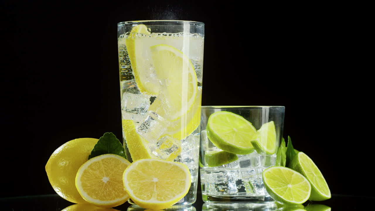 Versare acqua rinfrescante in bicchieri con fette di limone e lime