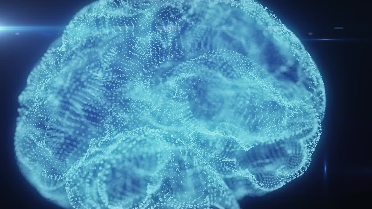 holograma giratorio del cerebro humano, cerebro humano formado por partículas de luz brillante que giran 360 grados, bucle sin costuras animación 4k