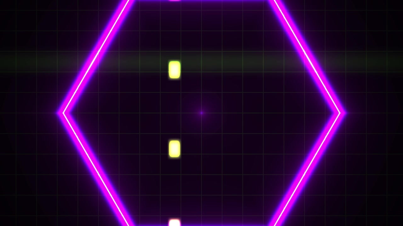 Esagono neon animato con quadrati gialli in movimento su griglia