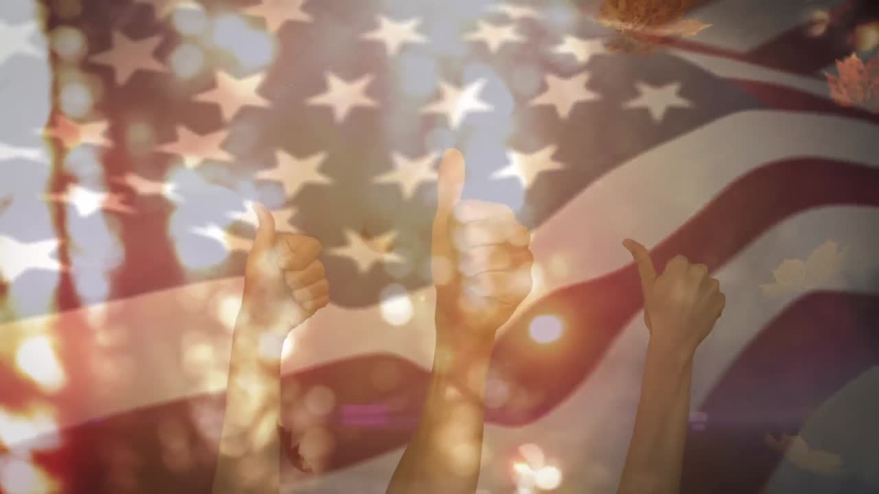 Animation of thumbs up over american flag and leaves falling
