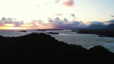 panoramic sunset aerial over pacific ocean along scenic tofino coastline, canada