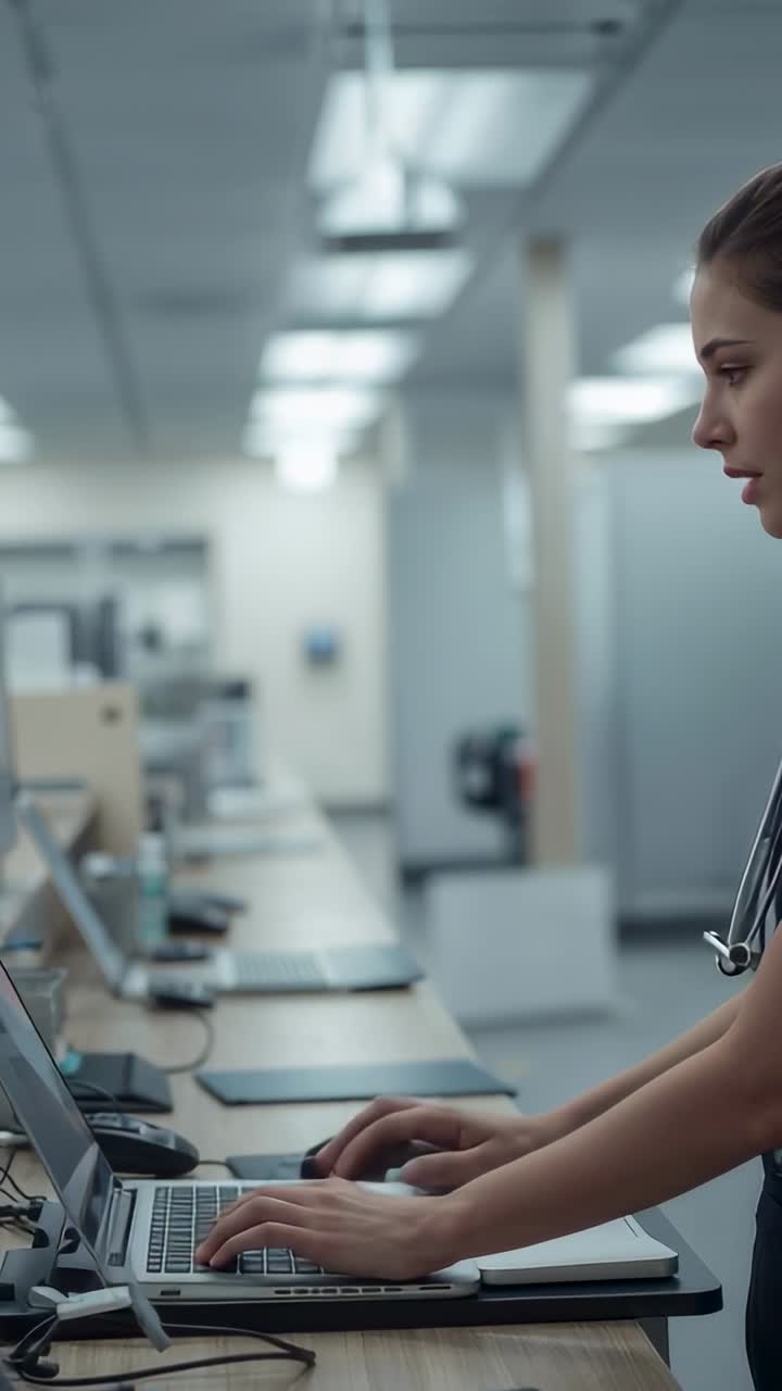 Vertical video: Typing nurse in scrubs with stethoscope charting at desk, laptop mouse, copy space