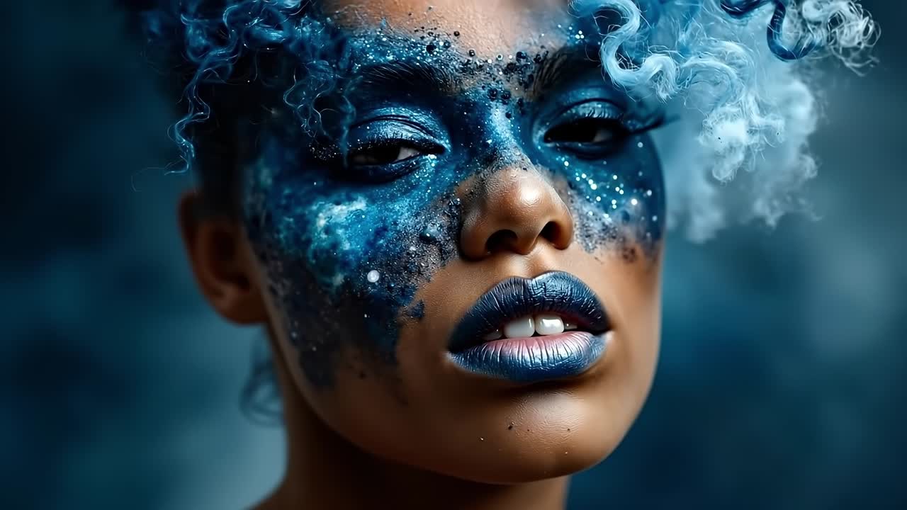A woman with blue makeup and smoke coming out of her face