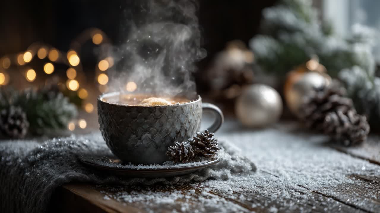 A Cozy Scene Featuring a Steaming Cup of Hot Beverage Surrounded by Winter Decorations, Pine Cones, and Soft, Warm Lighting Creating a Festive and Inviting Atmosphere