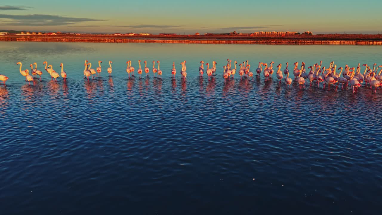 Flamingos stand in shallow water as the sun sets in a wildlife reserve
