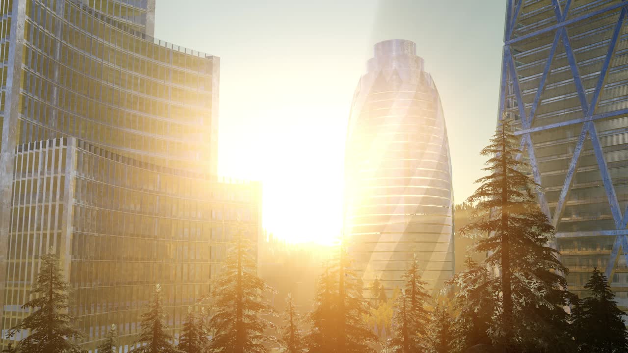 Paisagem Urbana com Arranha-Céus ao Pôr do Sol