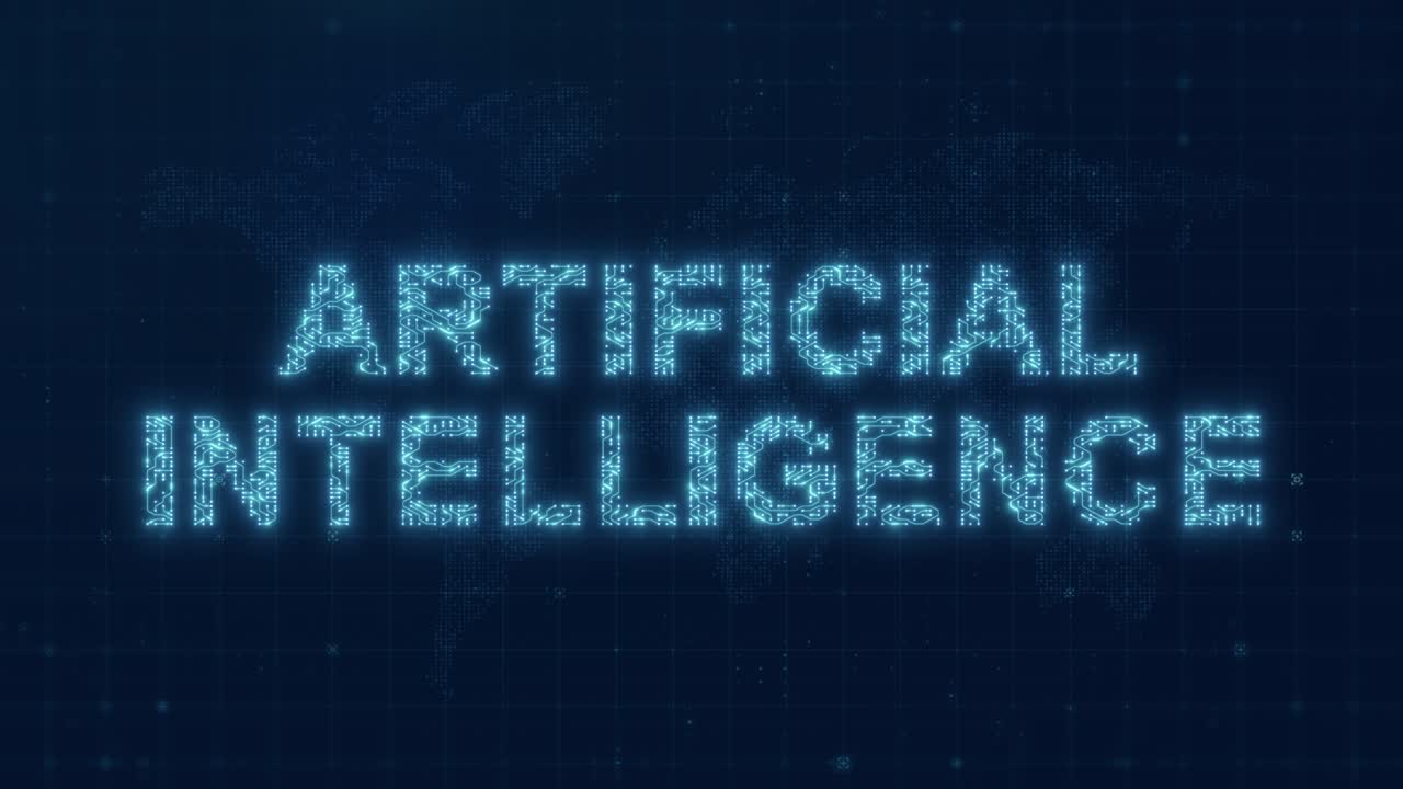 Artificial Intelligence Text with Glowing Circuit Lines and World Map Background