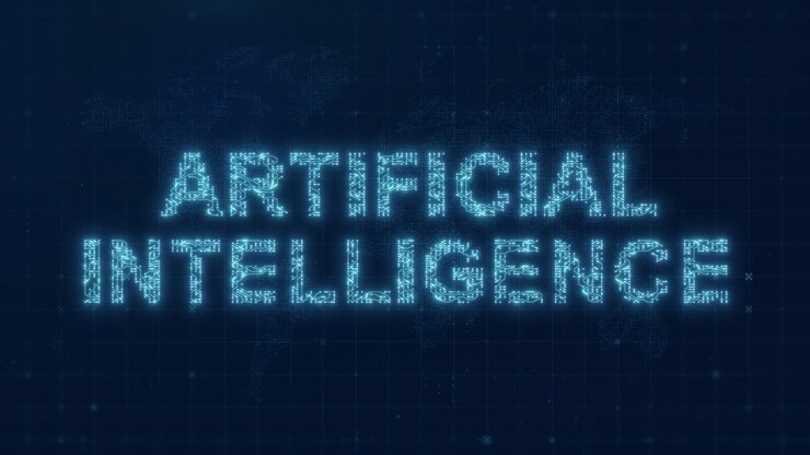Testo sull'Intelligenza Artificiale con Linee di Circuito Luminose e Sfondo Mappa del Mondo