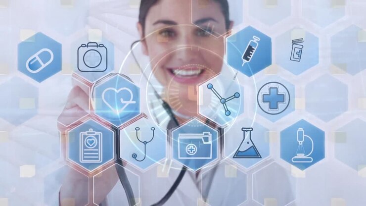 Animación de una red de iconos médicos y procesamiento de datos sobre médicas caucásicas