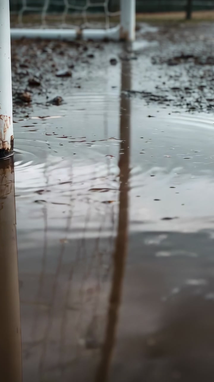 Vertical video: Raindrops near goalpost creating ripples in puddle after rain on field, copy space