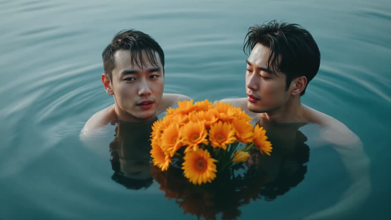 Two Men in a Lake with Flowers