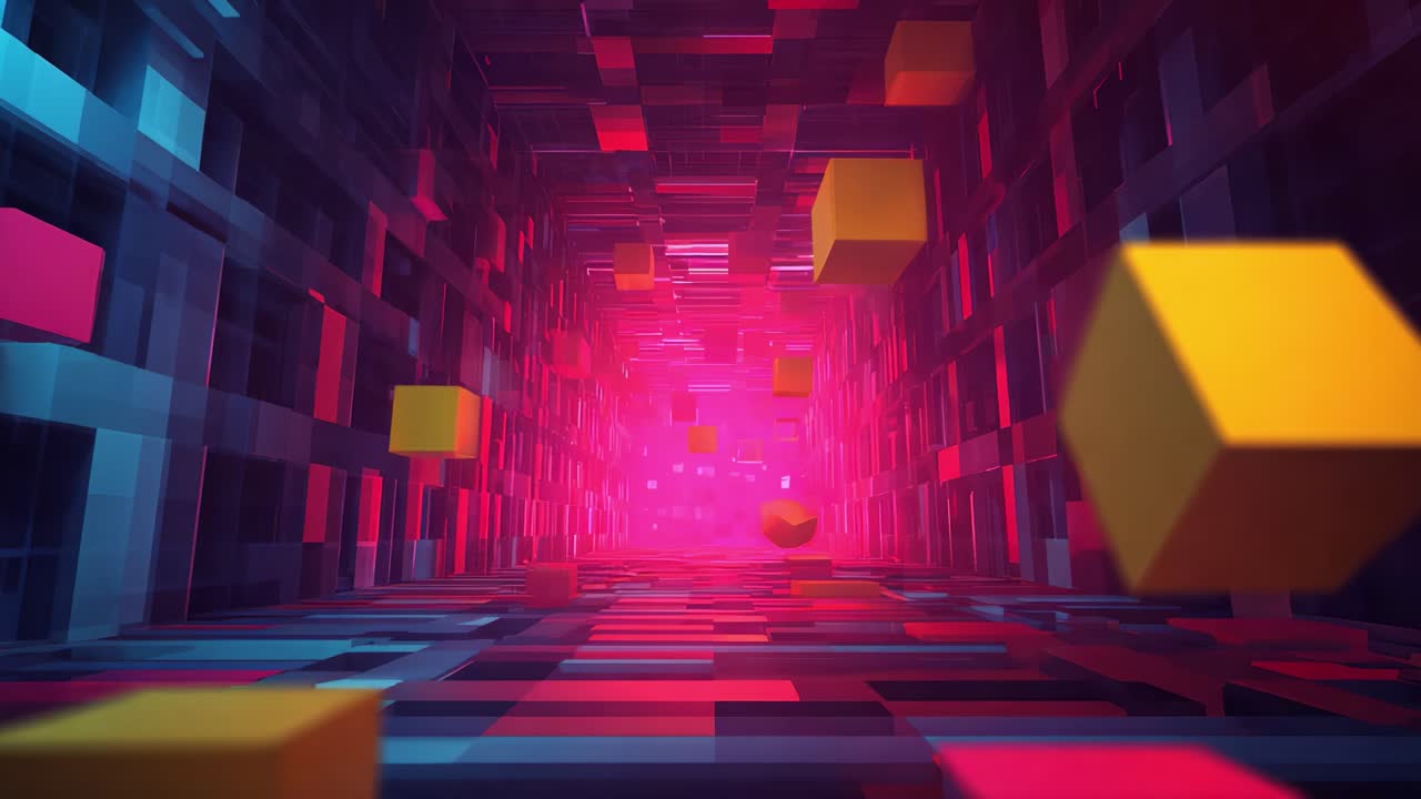 A captivating journey through a vibrant digital tunnel filled with colorful geometric shapes, creating a sense of depth and motion in an abstract 3D environment
