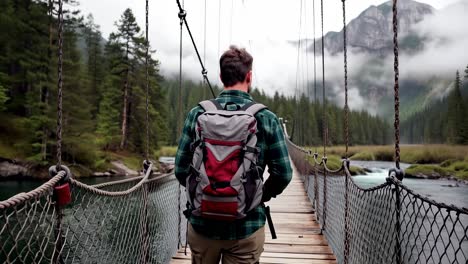 man hiking on a suspension bridge through a misty forest