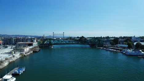 a green bridge over the estuary during the day